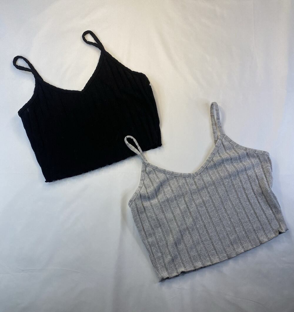 Women’s Size S Ribbed Knit Cropped Camisole Tank Top 2-Pack Black/Gray